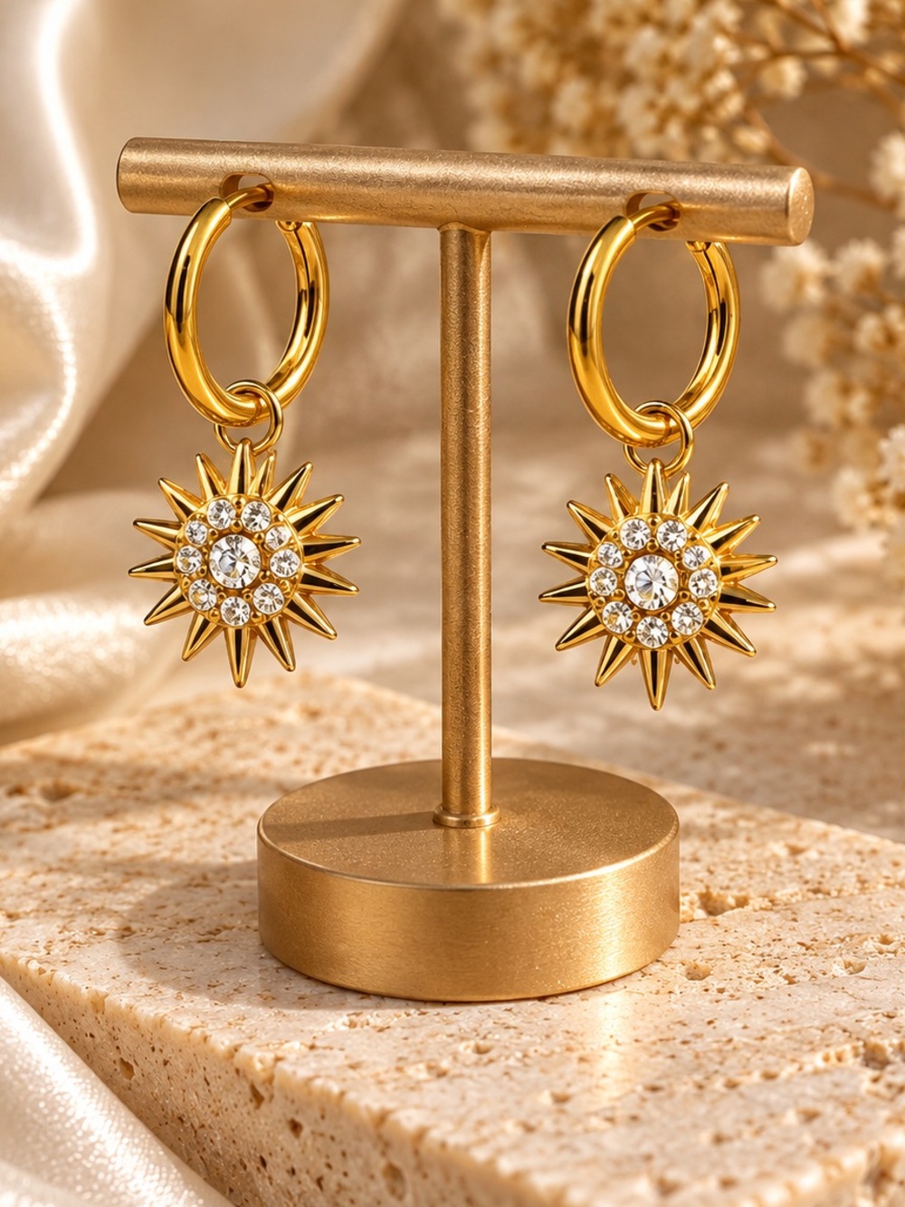 Gold Sunburst Crystal Hoop Earrings